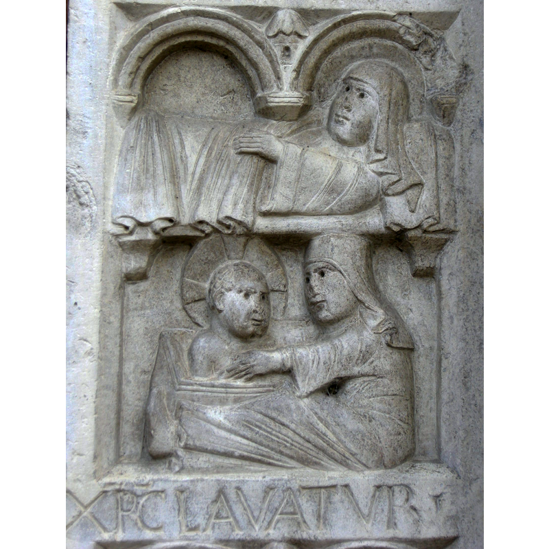 Source caption: "Abbazia di nonantola, portale di seguaci wiligelmo, stipite dx, formella 04 cristo lavato" [NB: the upper image belongs to the Nativity, shared with the frame above]
