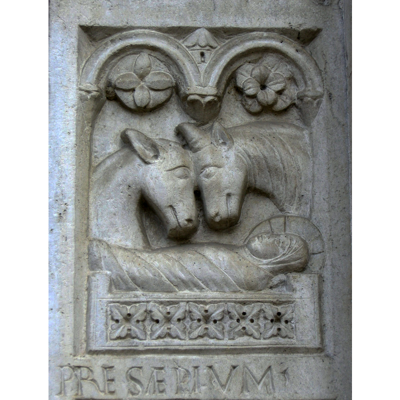 Source caption: "Abbazia di nonantola, portale di seguaci wiligelmo, stipite dx, formella 05 presepio" [NB: this frame, together with the upper half of the frame below, is part of the Nativity scene]
