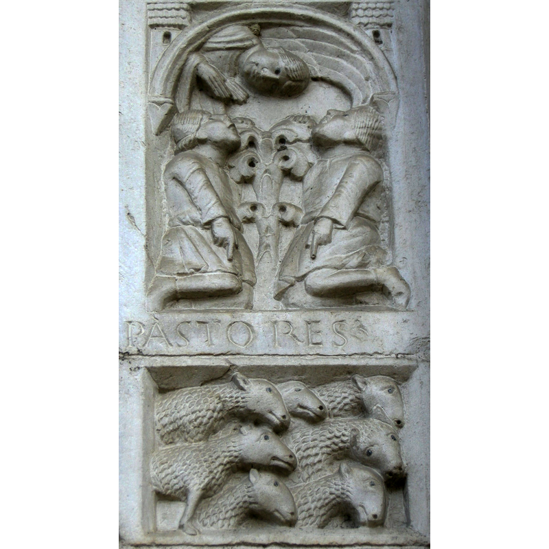 Source caption: "Abbazia di nonantola, portale di seguaci wiligelmo, stipite dx, formella 06 annuncio ai pastori"