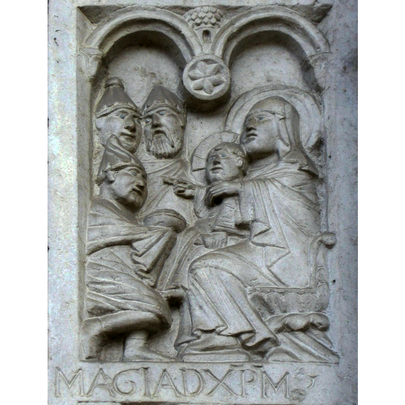 Source caption: "Abbazia di nonantola, portale di seguaci wiligelmo, stipite dx, formella 07, adorazione dei magi"