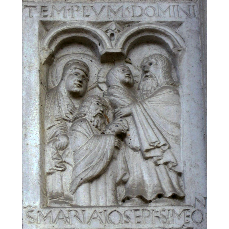 Source caption: "Abbazia di nonantola, portale di seguaci wiligelmo, stipite dx, formella 08 presentazione al tempio, maria giuseppe e simeone"