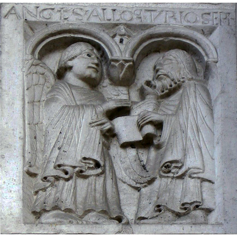 Source caption: "Abbazia di nonantola, portale di seguaci wiligelmo, stipite dx, formella 09 angelo parla a giuseppe"