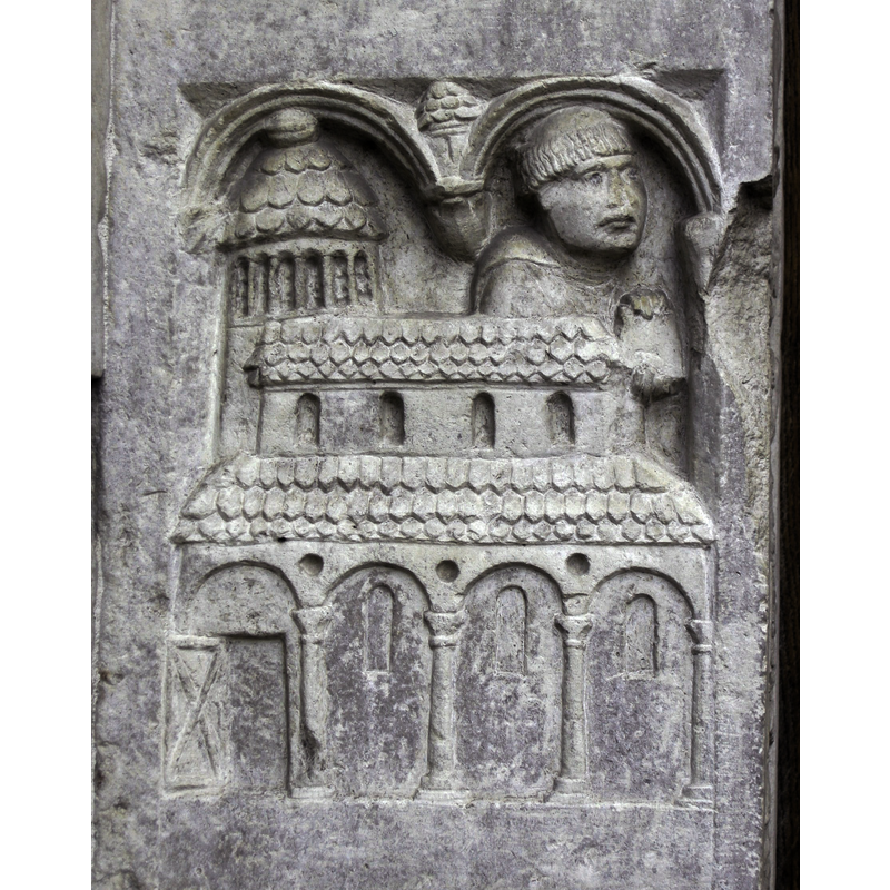Source caption: "Abbazia di nonantola, portale di seguaci wiligelmo, stipite sx, formella 04 anselmo, fatto monaco, fonda nonantola"