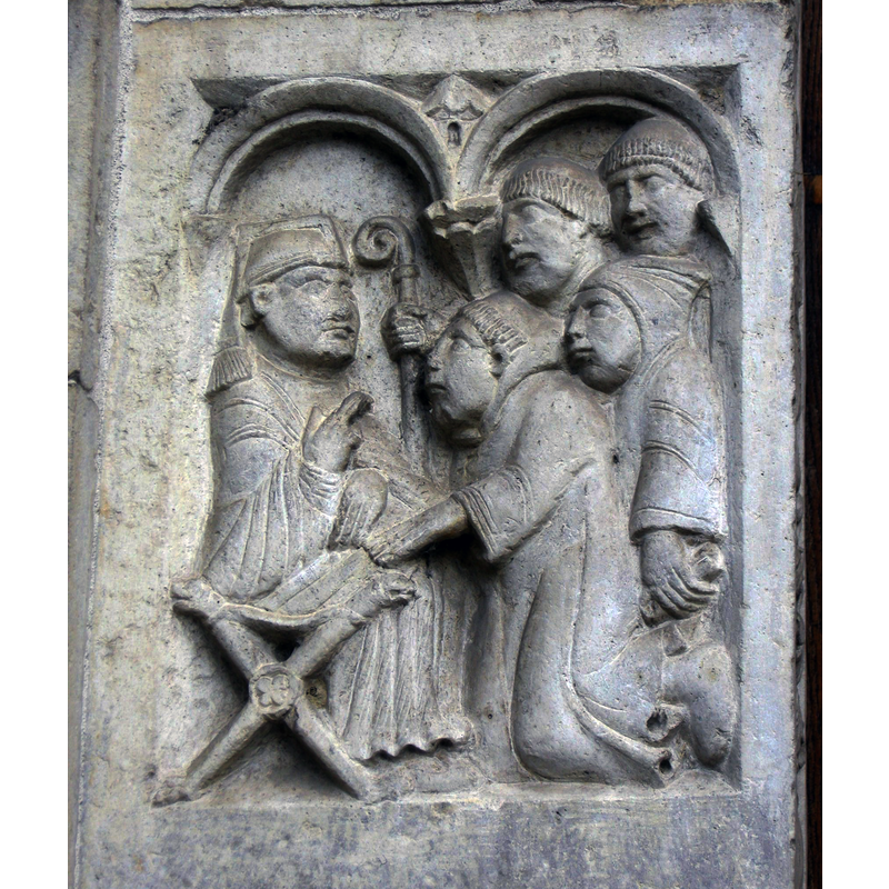 Source caption: "Abbazia di nonantola, portale di seguaci wiligelmo, stipite sx, formella 05 Stefano II benedice anselmo"