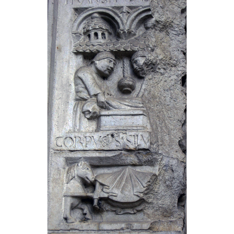 Source caption: "Abbazia di nonantola, portale di seguaci wiligelmo, stipite sx, formella 06, traslazione e sepoltuta del corpo di san silvestro nell'abbazia"
