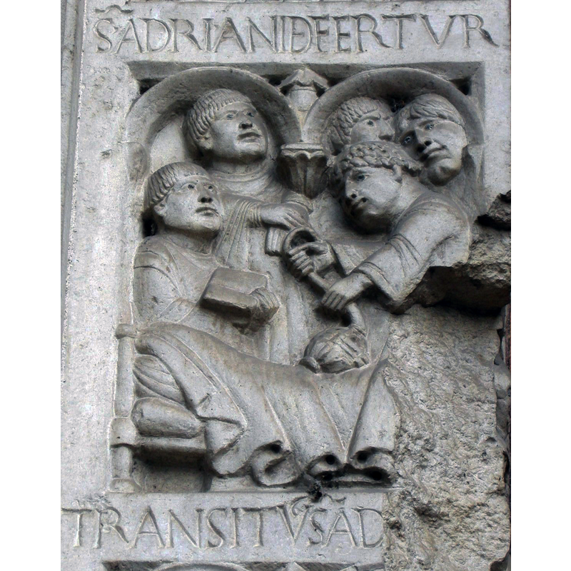 Source caption: "Abbazia di nonantola, portale di seguaci wiligelmo, stipite sx, formella 07 morte di sant'Adriano III nell'abbazia"