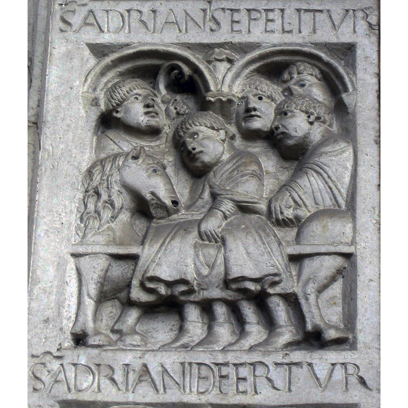 Source caption: "Abbazia di nonantola, portale di seguaci wiligelmo, stipite sx, formella 08 trasporto di Adriano III"