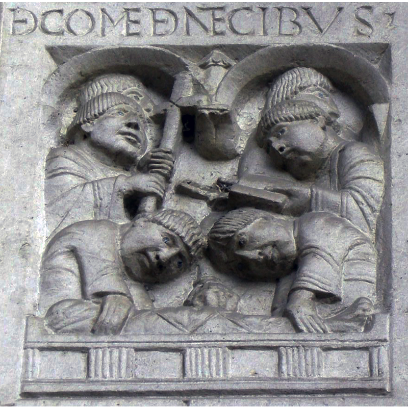 Source caption: "Abbazia di nonantola, portale di seguaci wiligelmo, stipite sx, formella 09 sepoltura di Adriano III"