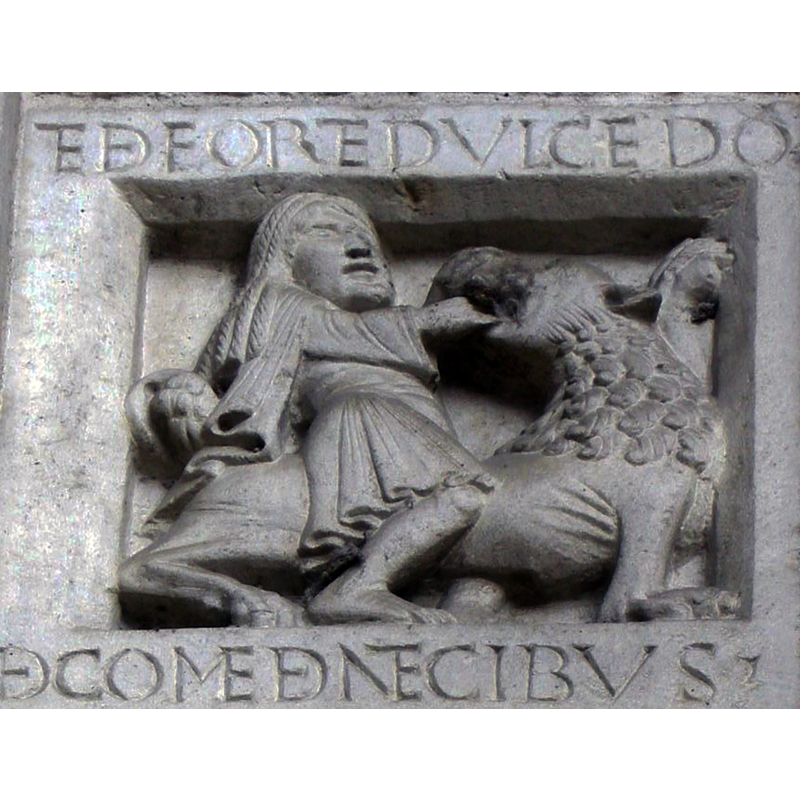 Source caption: "Abbazia di nonantola, portale di seguaci wiligelmo, stipite sx, formella 10 sansone e il leone (et de forte dulcedo, de comedente cibus)"