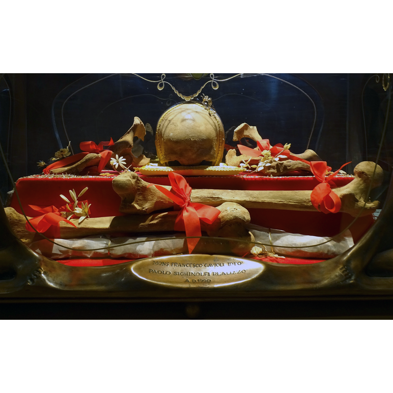 Source caption; "Relics of Saint Sylvester in the Abbey of Saint Sylvester in Nonantola. The Reliquary was made in 1990."