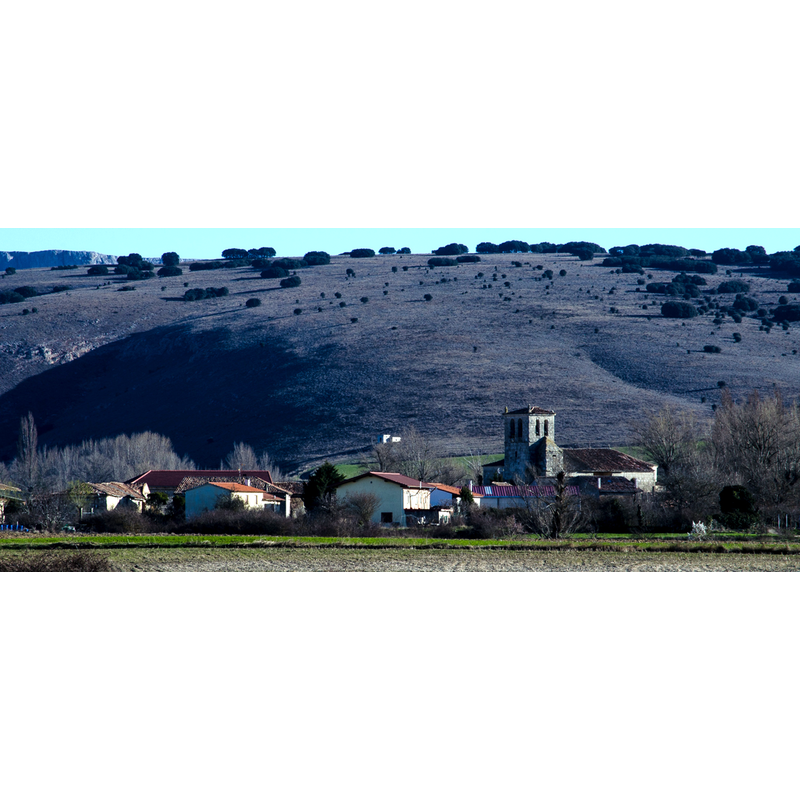 Source caption: "Palazuelos de Villadiego. Panorámica. A la izquierda asoma la torre de la iglesia de Rioparaíso. Al fondo "La Raposera" y "Peña Redonda""