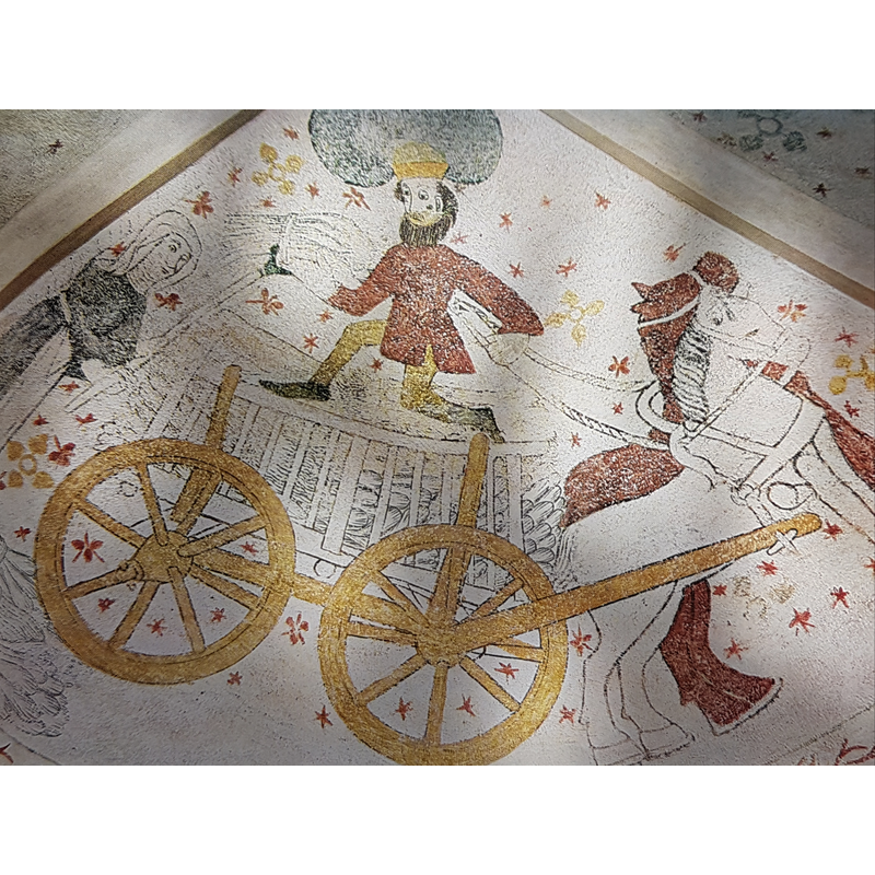Source caption: "Målningen Säden körs in i Rinkaby kyrka utförd av Rinkabymästaren, avfotograferad bild från Allhems Svenskt konstnärslexikon."