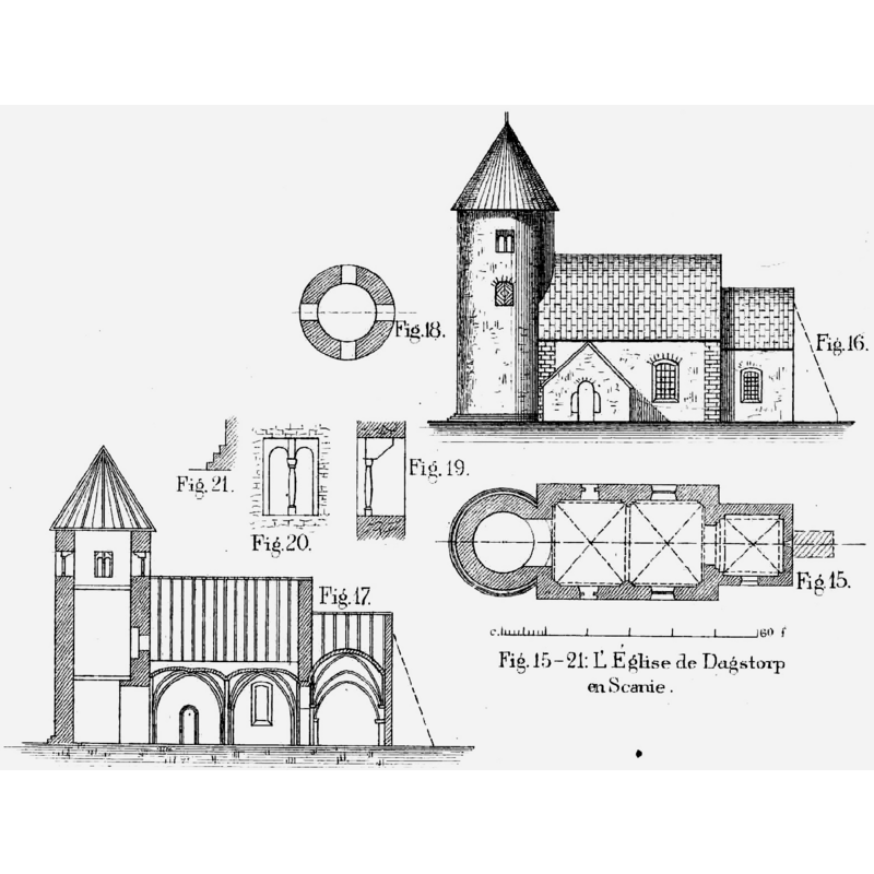 Source caption: " Dagstorp [old] church in Sweden in the mid 1800's. Drawing: Nils Månsson Mandelgren, published 1883." -- the old church would be demolished soon thereafter, in 1861