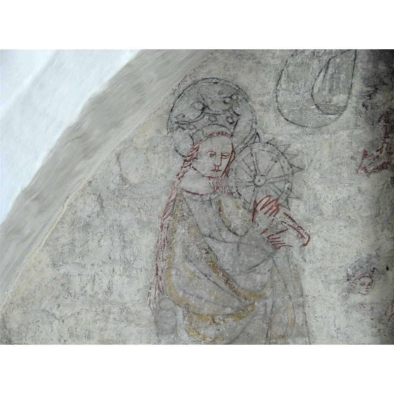 Source caption: "Sankt Ursula Kirke, Ivö, Ifø, kalkmaleri, mural painting, Saint Catherine of Alexandria"