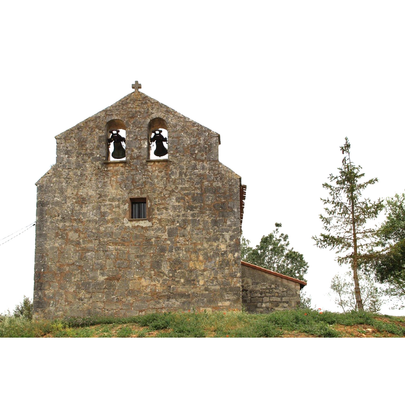 Source caption: "Espadaña de la Iglesia de San Román y San Salvador, del siglo XII. La Molina de Ubierna, Burgos" [NB: the building in the image is the former Ermita de Nuestra  Señora  del  Rosario, which now serves as parish church -- this is the building in which the baptismal font is located now [June 2021]].