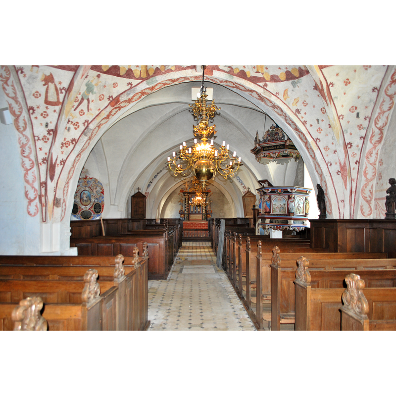 Source caption: "Kågeröds kyrka, långhuset mot altaret i öster"