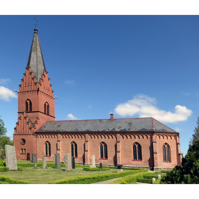 Source caption: "Källstorps kyrka i maj 2014" -- the mid-19thC brick church designed by C.G. Brunius