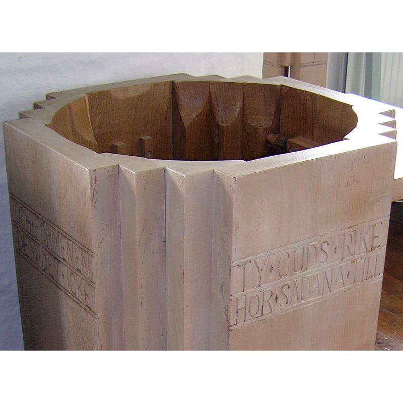 Source caption: "Ilstorps kyrka, Sjöbo kommun, Skåne, Lunds stift, Sverige, dopfunt." -- The present baptismal font was made of wood in 1977 by Söwekonst -- notice the interior and exterior construction details