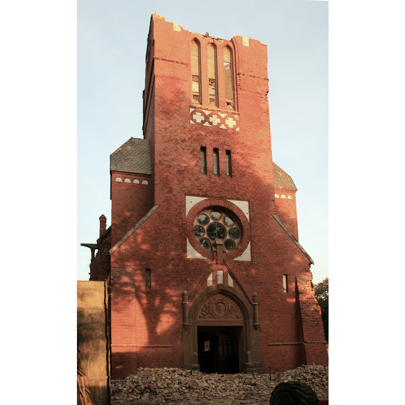 Source caption: "Rivning av tornet på Maglarps Nya Kyrka" -- Maglarps nya kyrka was built in 1909 to replace Maglarps gamla kyrka -- the new church was abandoned in the 1970s and demolished in 2007