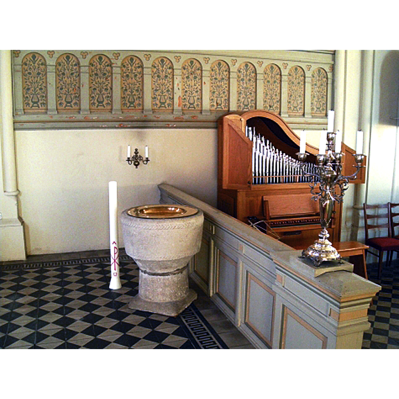 the medieval font inside the new brick church of 1895 that replaced the original 13thC stone church