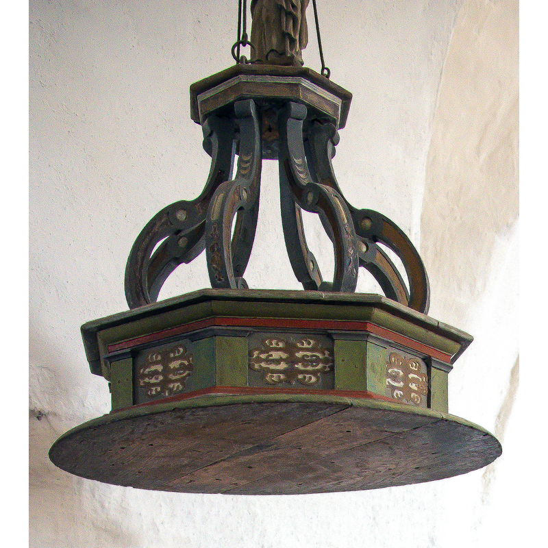 the old (17thC?) wooden cover now hangs from the ceiling above the font by the north pillar of the chancel arch -- unfortunately this photo cut off half of the figural finial [see ImageFileNo. 0210725012 for an earlier image of the upper end of the cover]