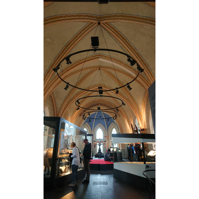 Showing the interior of Sankt Ibbs Nya kyrka [aka Allhelgonakyrkan]. The new church became redundant in 1995 and was later used to house the Tycho Brahe Museum