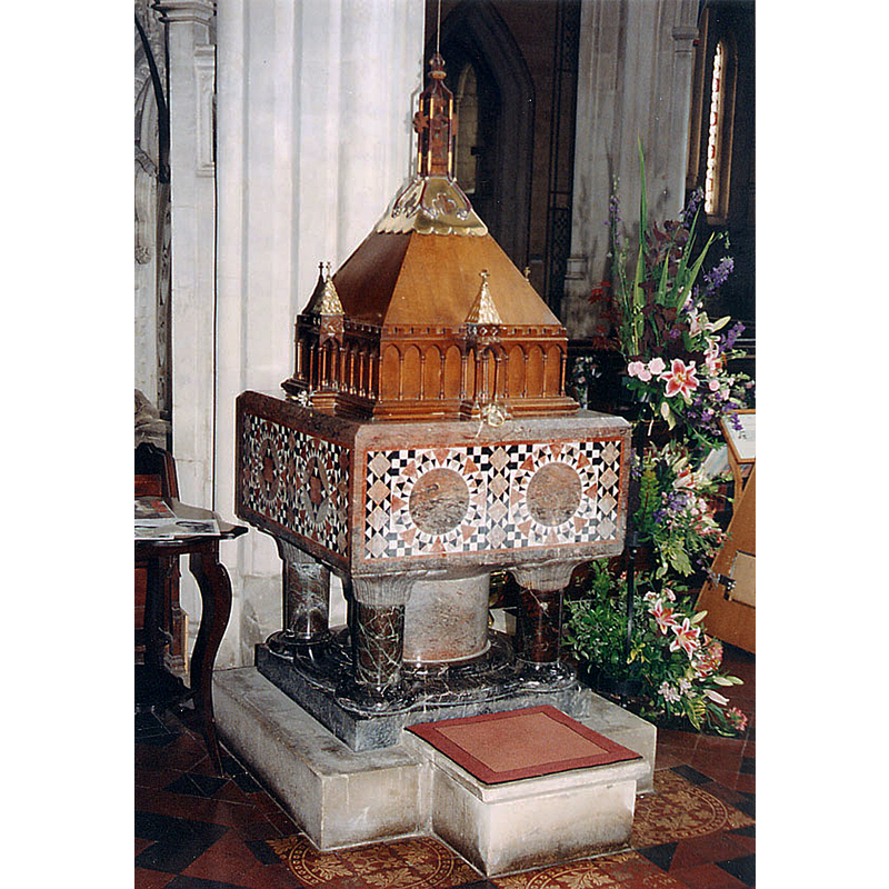 Source caption; "St Mary, Ottery St Mary, Devon - Font. A Butterfield font designed in 1850 - all the marble is from Devon and Cornwall. The cover is in a Byzantine style."