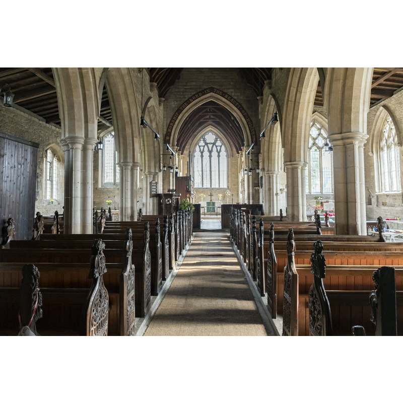 Source caption: "Interior, Ss Peter & Paul church, Osbournby. There are north and south aisles, and a number of medieval bench ends. Most of the glass is clear."