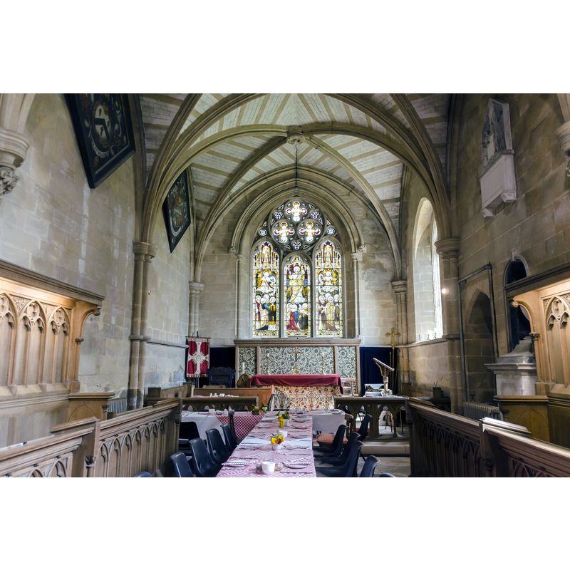 Source caption: "Chancel, St Edmund's church, Riby. A view of the 19th C. vaulted chancel, laid out for the West Lindsey Churches Festival Big Breakfast."