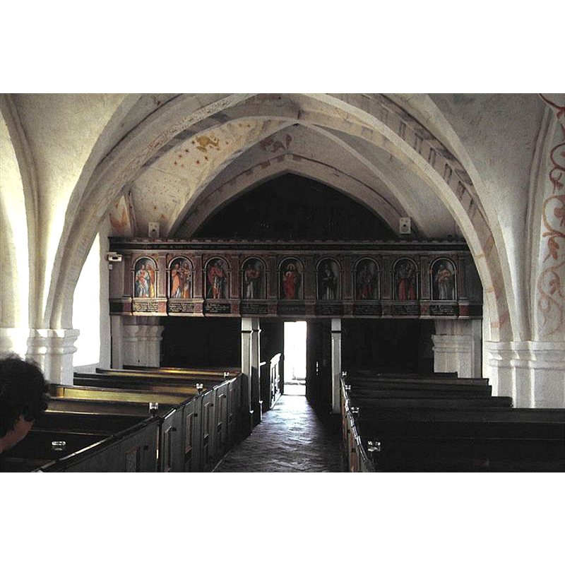 Souce caption: " Stora Hammar gamle kyrka i Skåne, Sverige. Skibet set mod vest"
