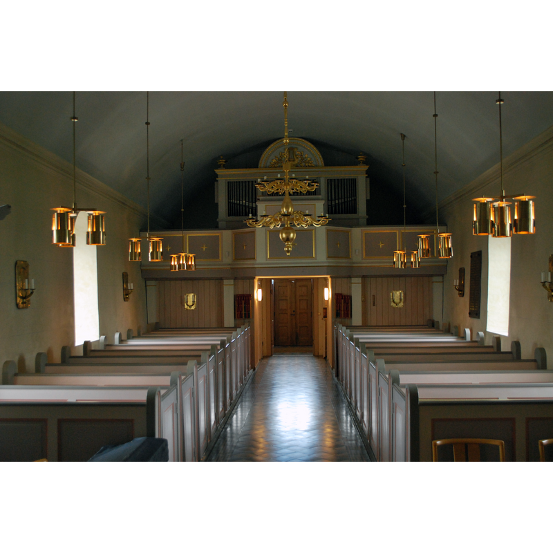 Source caption: "Säby kyrka, långhuset mot läktaren i väster."