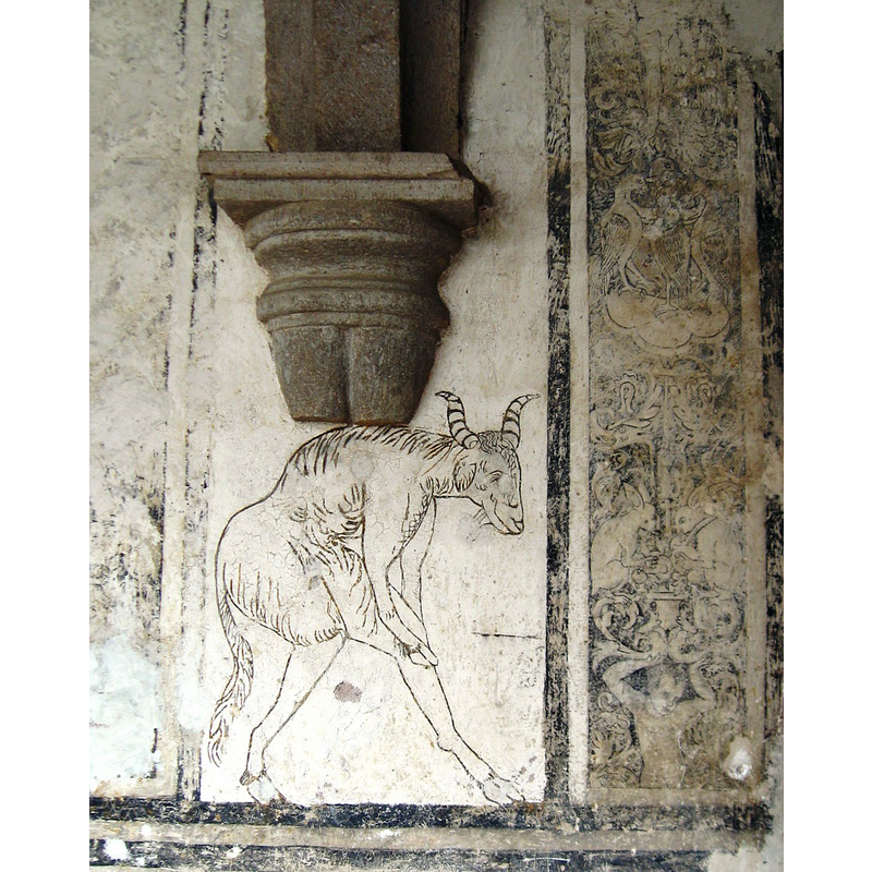 Source caption: "Goat image on one of the patio walls of the San Luis Obispo Church in Tlalmanalco, Mexico State, Mexico"