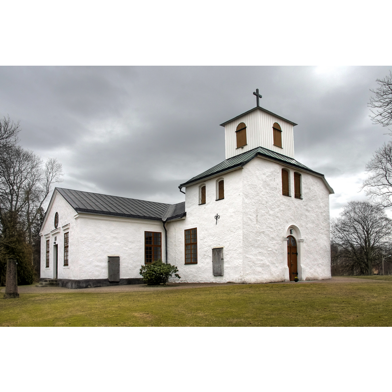 Source caption: "Vankiva kyrka i Hässleholms kommun i Sverige" [NB: the large north addition with its own antranceway was a later extendion of the medieval church]