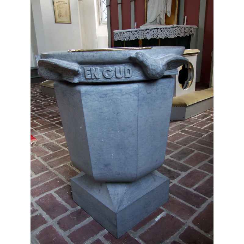 modern baptismal font designed by Gustaf Widmark, of Helsingborg; donated to the church in 1957 -- the medieval font is in the Lunds universitets historiska museum