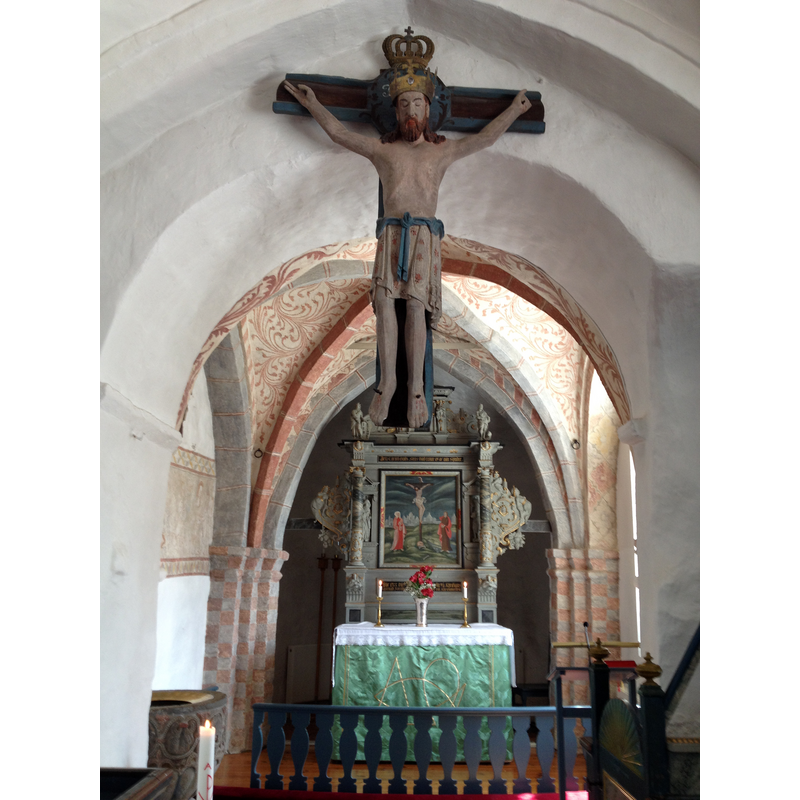Source caption: "Vitaby Church, triumphal cross and choir" -- partial view of the font in the bottom-left corner of the image