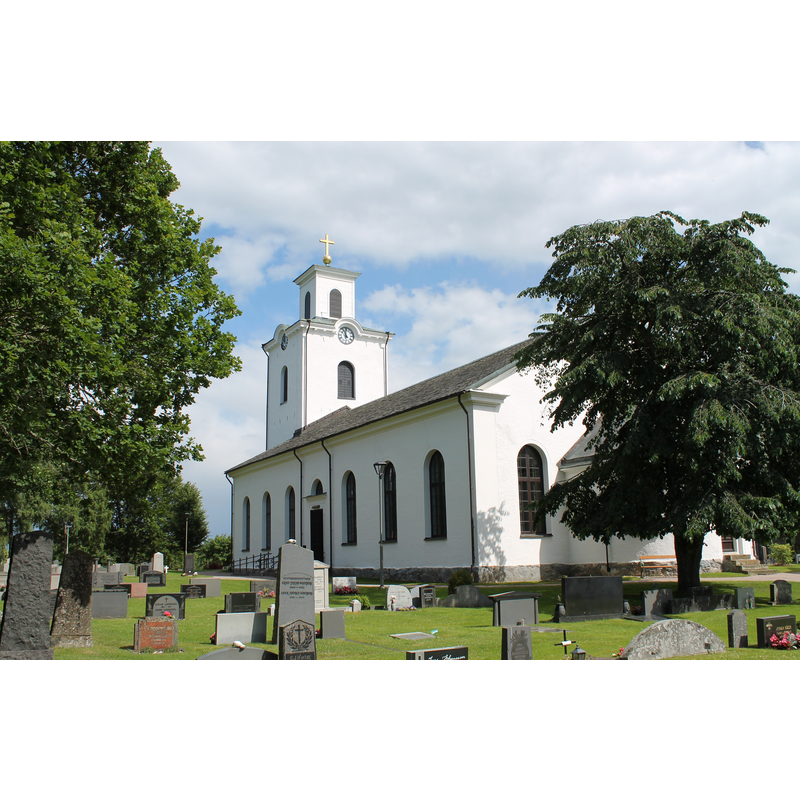 Source caption: "Öja kyrka.Kyrkan uppfördes 1852-54 i nyklassisistisk stil efter ritningar av Johan Carlberg vid Överindentensämbetert. Invigningen ägde rum 1855 och förättades av biskop Christopher Isac Heurlin."