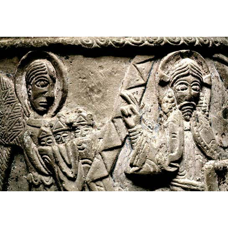 Source caption: "Majestas Domini och ängel som bär fram tre huvuden"