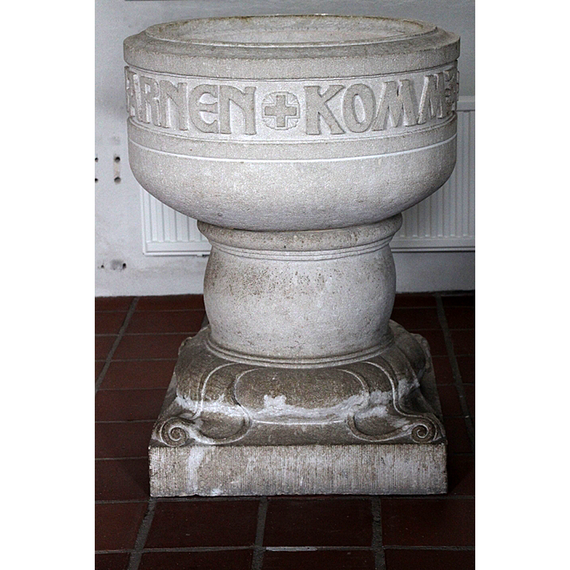 the modern font in the modern church at Östra Torp
