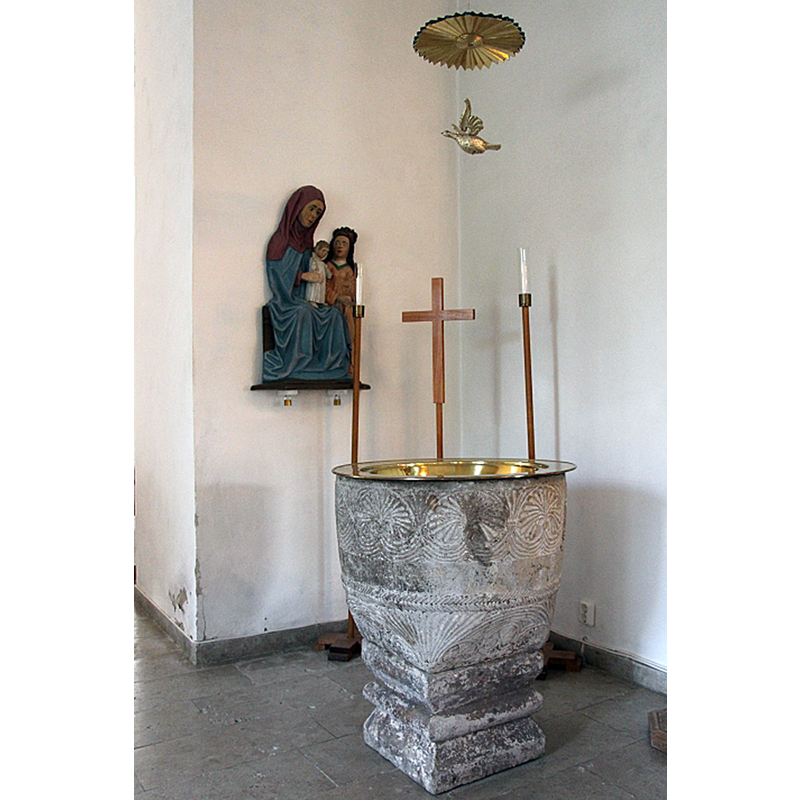 showing the font and its baptismal dish by the south pillar of the chancel arch, on its west side