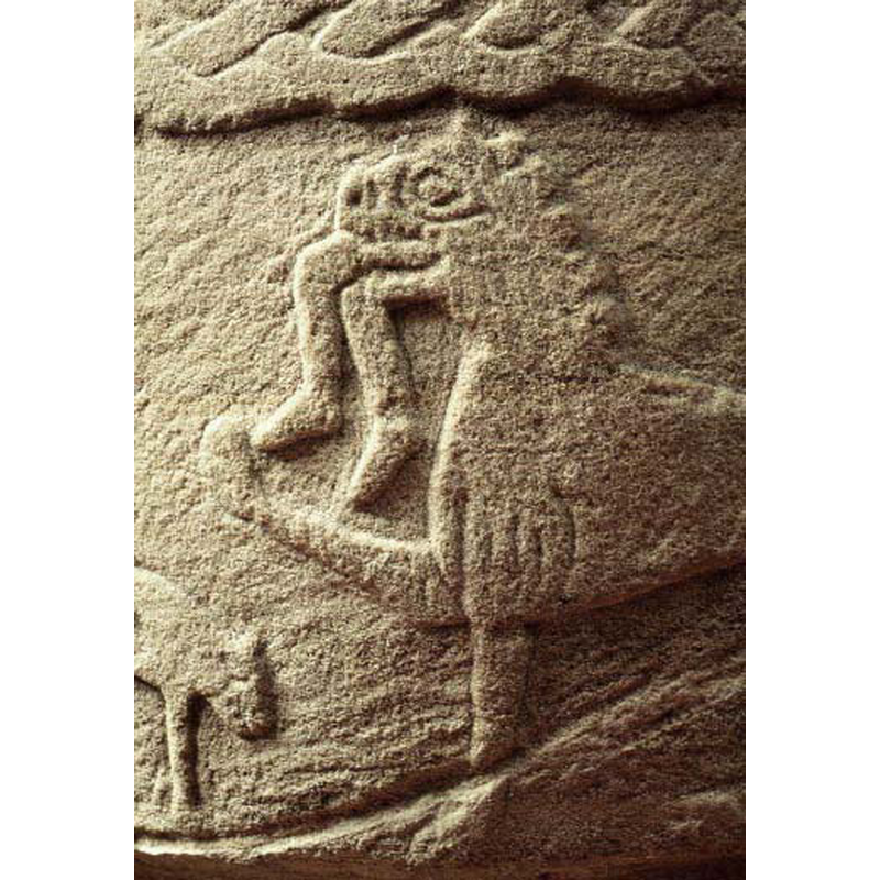 As identified in the SHM caption: "lejon med två mänskliga ben i munnen", a pair of human leggs dangle from the lion's maw; the little animal on the bottom left is part of the bear panel to the left