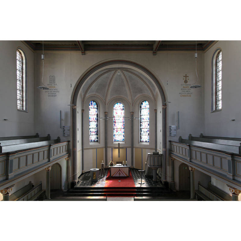 Source caption: "Evangelische Kirche, Kaiserstraße in Haan" -- commemorative plaque of the consecration of the original medieval church