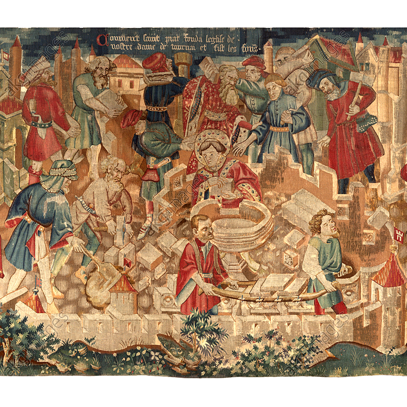 Source caption: "Tournai, Kathedrale, Trésor de la Cathédrale. Tapisseries. Tournai, Kathedrale, Schatzkammer,Trésor de la Cathédrale. Tapisseries de Saint Piat et de Saint Eleuthère (Tapisseries de saint Piat et de saint Eleuthère); also called tapestry of Arras (la tenture d'Arras). Ordered from canon Toussaint Prier, chaplain of the duke of Burgundy. 1402/ end 14th - begin 15th century. / Scene 5: How the saint Piat founded the church of Our Lady and made the baptismal fonts (Saint Piat bâtit l’église Notre-Dame de Tournai et les fonts baptismaux)(Comment saint Piat fonda l'église Notre-Dame de Tournai et y construisit les fonts baptismaux).