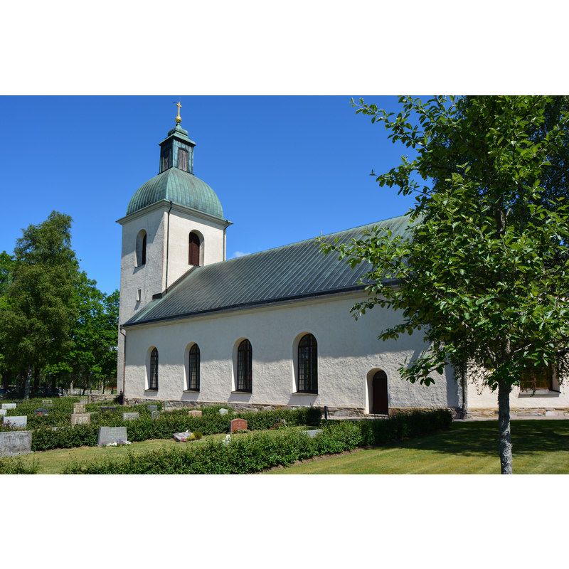 Source caption: "Dädesjö nya kyrka. Exteriör från sydväst. Byggd 1793-94." -- [NB: the new church is not canonically oriented; the tower is on the north side, the chancel on the south side]