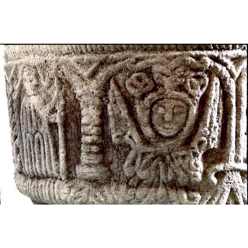 the cross carrying cleric on the left and the angel(?) on the right