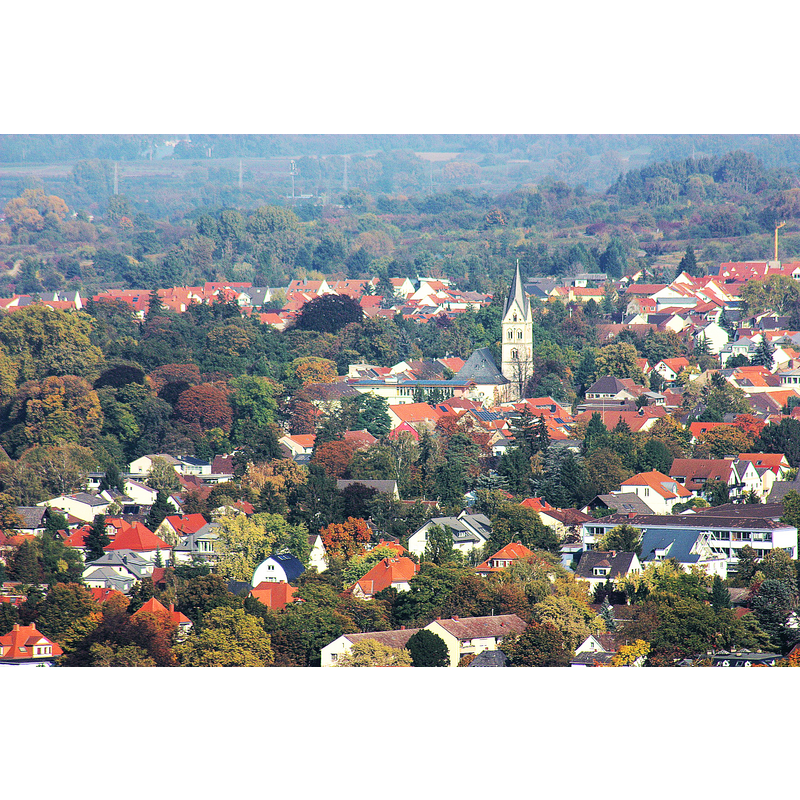 Source caption; "Ingelheim, Blick vom Bismarckturm zur Kirche St. Remigius'