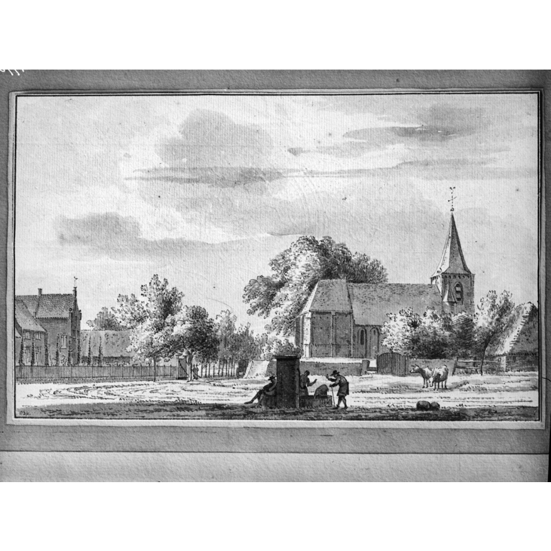 Source caption: "Overzicht: Dorpsgezicht naar tekening van A.de Haan (1734)"