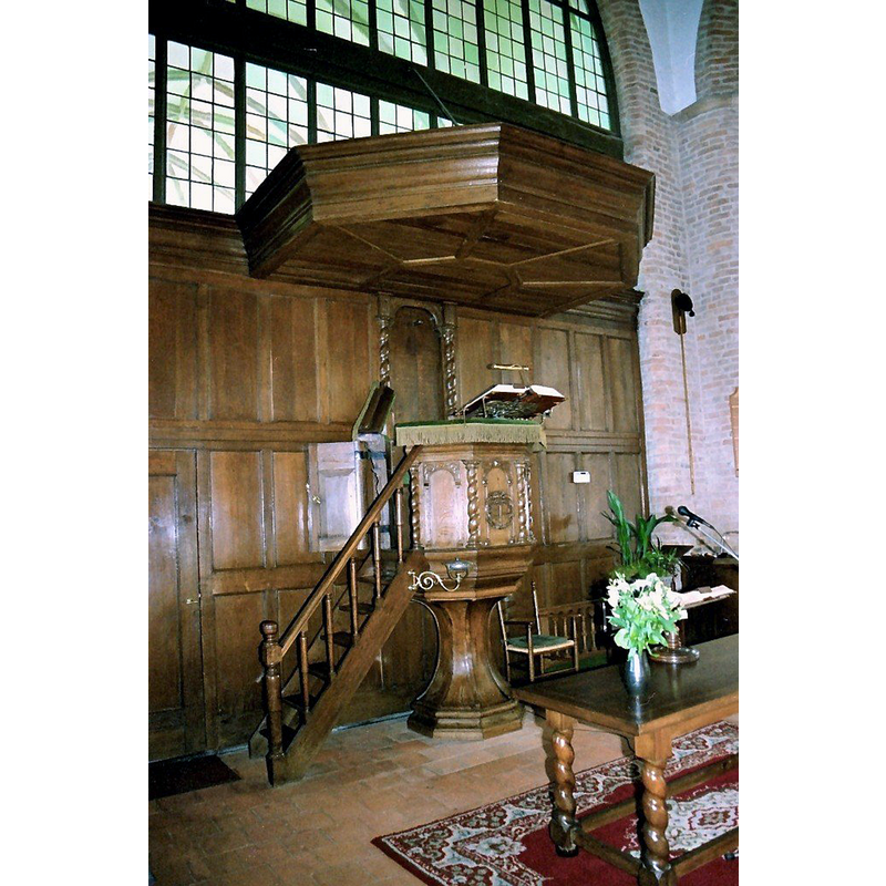 showing the pulpit supported on a new base after the 1971 renovation of the church