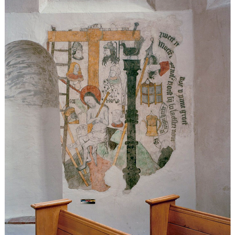 Source caption: " Nederlands Hervormde Kerk: Interieur, muurschildering met christus, andere figuren en tekst ("Christus op koude steen"?)"