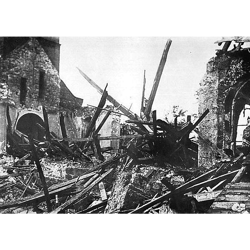 Wulhen church after the 1945 Allied bombing; it would be re-built in 1950