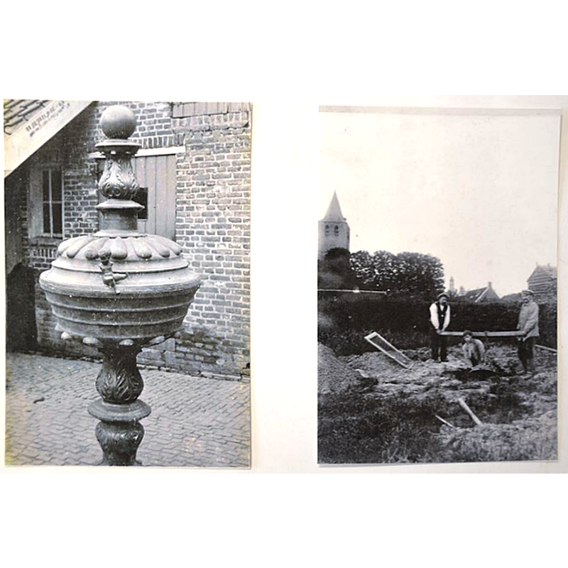 showing on the right the font being dug up in 1919, after 300 years in the ground